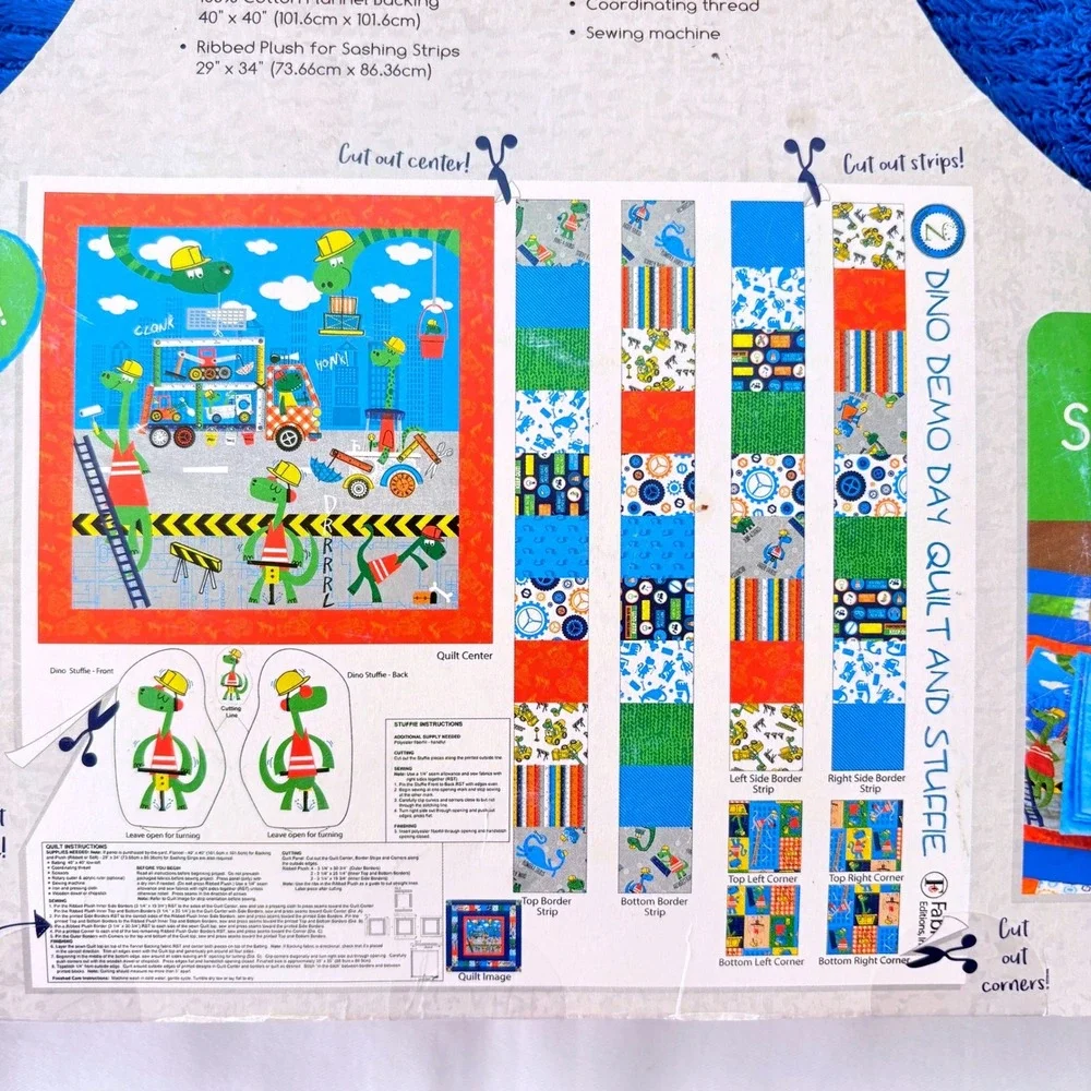 Fabric Editions Storytime Quilt Stuffie Kit Blue Dino Demo Day Construction